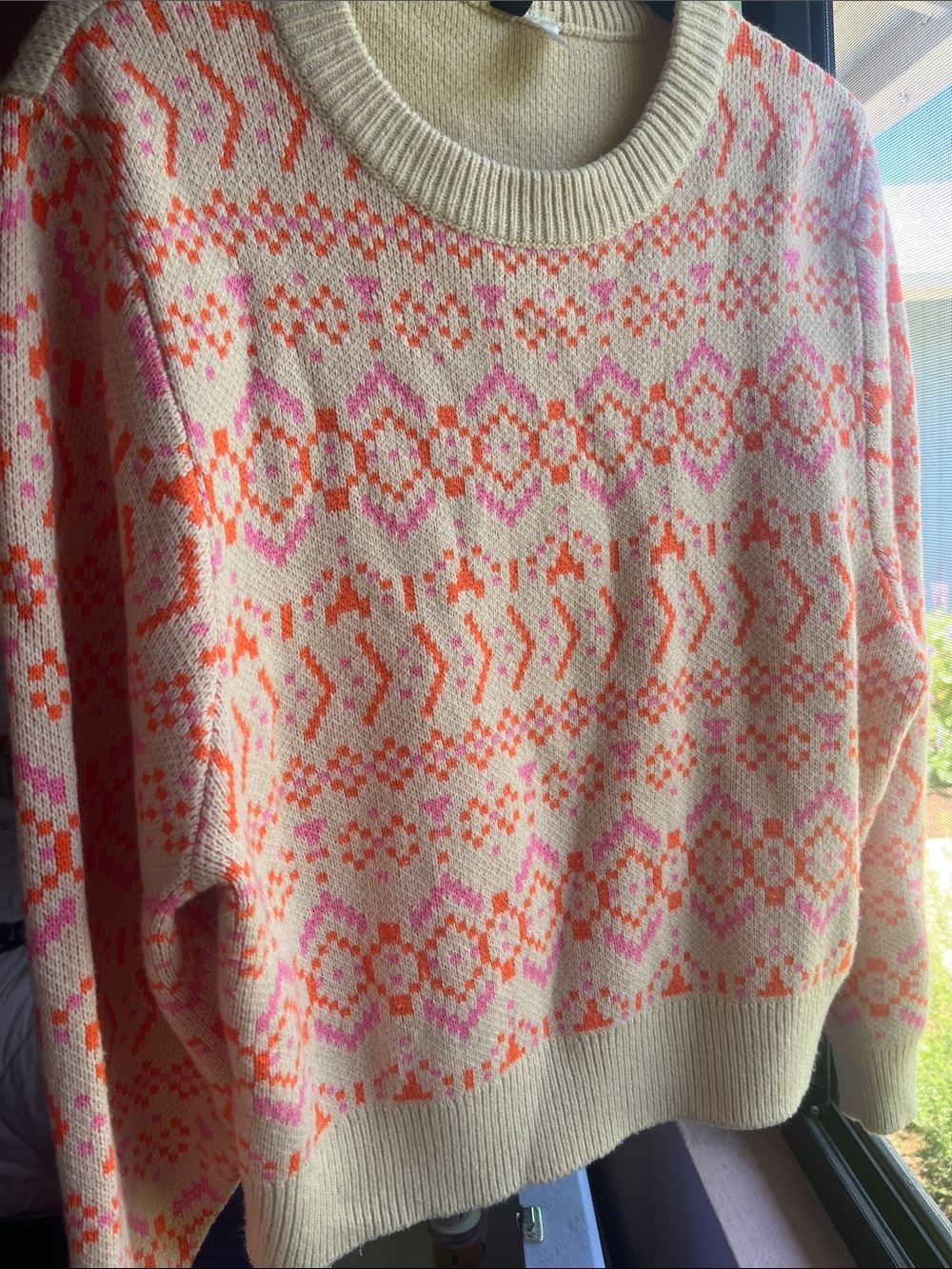 Divided Cream Patterned Crewneck Sweater with Pink & Orange Accents